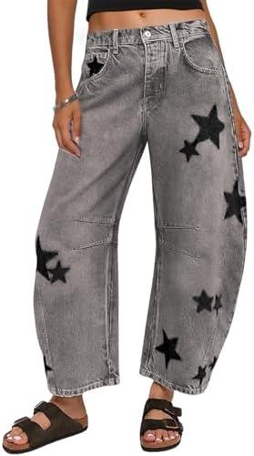 CHARTOU Y2k Barrel Jeans Women Wide Leg Baggy Distressed Printed Boyfriend Horseshoe Denim Pants M