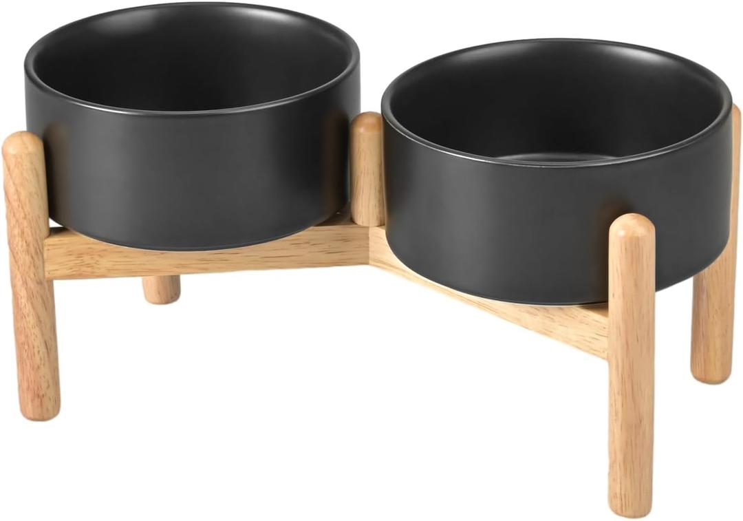 SPUNKYJUNKY Ceramics Raised Dog Bowls with Wooden Stand - Elevated Dog Feeding Set (Double 28.7OZ, Black) (Medium - 3.6 CUPS)