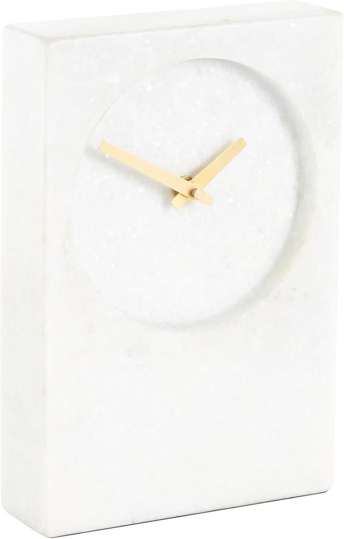 Deco 79 Marble Minimalistic Rectangular Clock with Recessed Numberless Clockface, 6" x 2" x 9", White