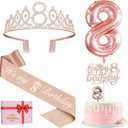 8th Birthday Decorations for Girls, Including 8th Birthday Sash and Tiara, Cake Topper and Candle, Number Balloon, 8 Year Old Girl Gifts
