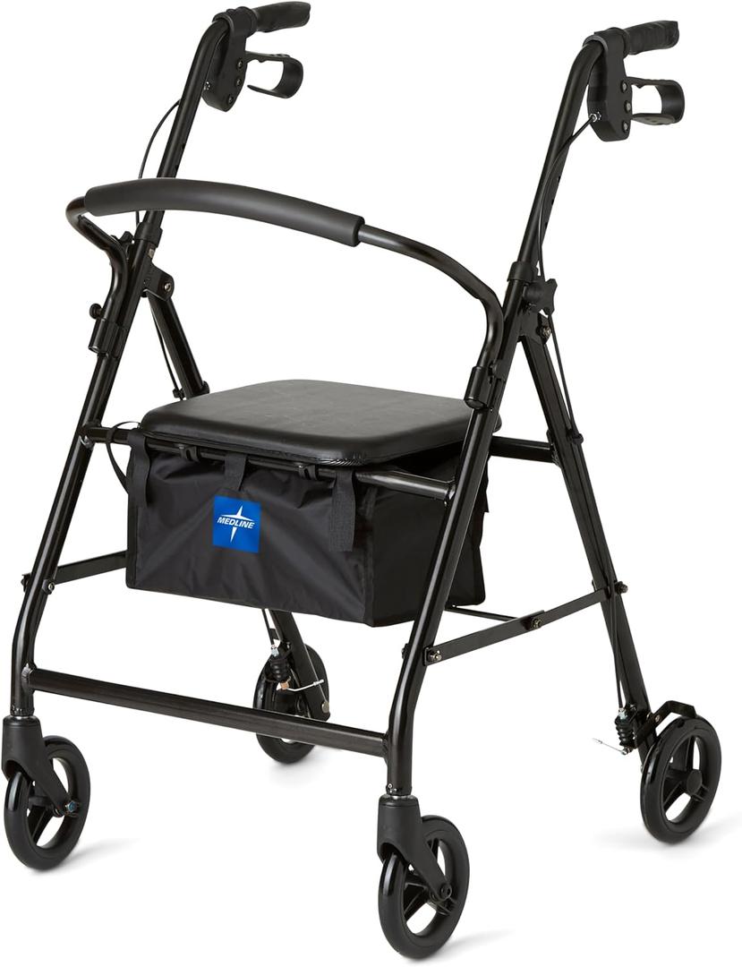 Medline Steel Rollator Walker for Adult Mobility Impairment, Black, 250 lb. Weight Capacity, 6” Wheels, Foldable, Adjustable Handles, Rolling Walker for Seniors