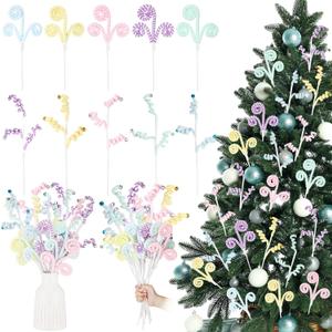 Soulchen 15 Pcs Pastel Candy Christmas Tree Picks Ornament Woolen Candy Cane Curly Stems for Christmas Tree Topper Decorations Xmas Home DIY Vase Filler Holiday Crafts for Wreath Garland