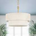 FookChak 24in Hand Woven Chandelier 9 Light Boho White Chandelier Light High Density Weaving Drum Chandelier Light Fixture Gold Chandeliers for Dining Room Foyer Living Room Bedroom, E12