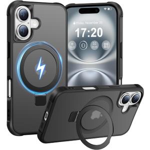Magnetic Ring Stand Case for iPhone 16, Black | 120° Opening Angle, N52 Magnetic Grip, Full Drop Protection—Hands-Free Stand for Video Calls and More