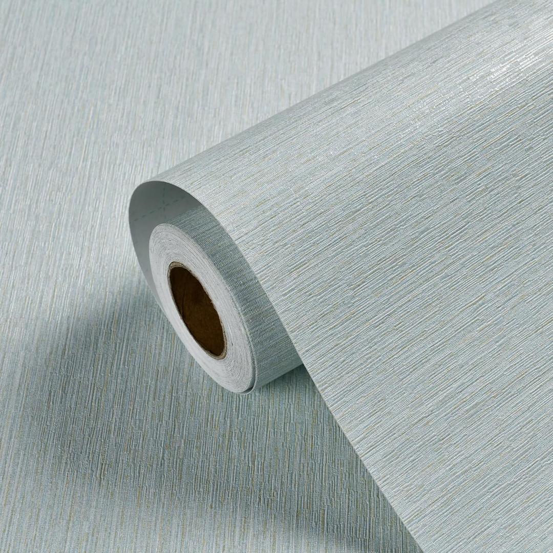Haimin Grasscloth Wallpaper Peel and Stick 20.9in X 393in Fabric Contact Paper Wall Paper Textured Wallpaper Horizontal Stripes Look Self-Adhesive Thick Vinyl Embossed (Light Blue)