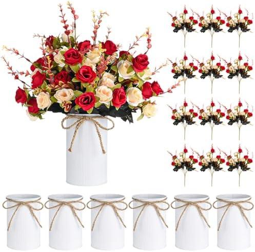 6 Set Fake Flower in Vase, Artificial Flowers with Vase, Centerpiece Table Decorations with 6 Pcs 6 Inch Large Vases and 12 Pcs Mixed Colors Silk Rose Bouquet for Wedding Home Office Farmhouse Decor