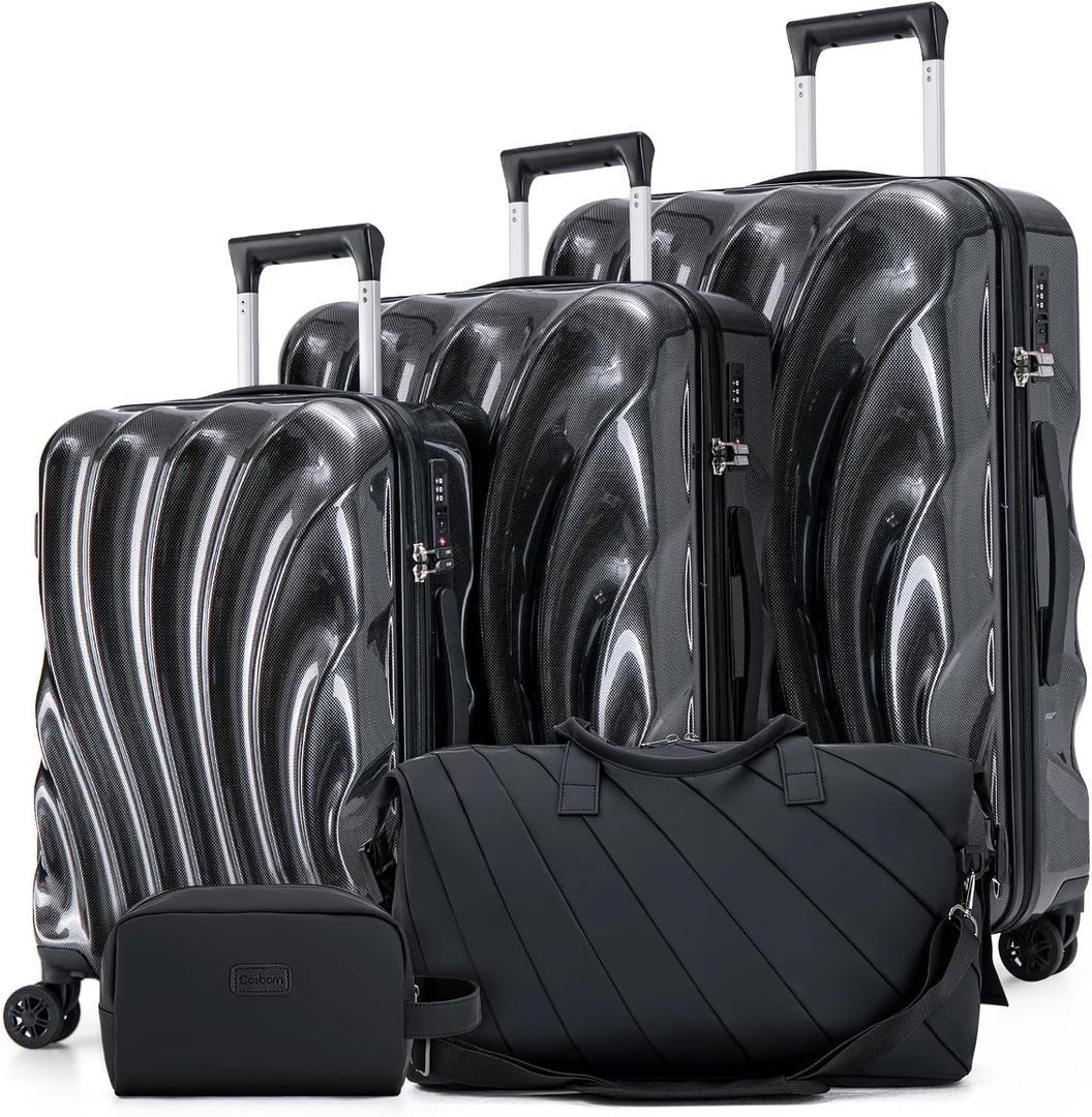 Cosbarn Luggage Sets 5 Piece Suitcases with Wheels, Suitcase Set, ABS+PC Hardshell Luggage set with Phone Holder Durable Travel Luggage with TSA Lock Spinner Wheels Black