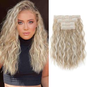 REECHO Clip in Hair Extensions, 4PCS Hair Extensions 14" Short Wavy Invisible Lace Weft Natural Soft Hairpieces for Women  Ash Blonde with Highlights