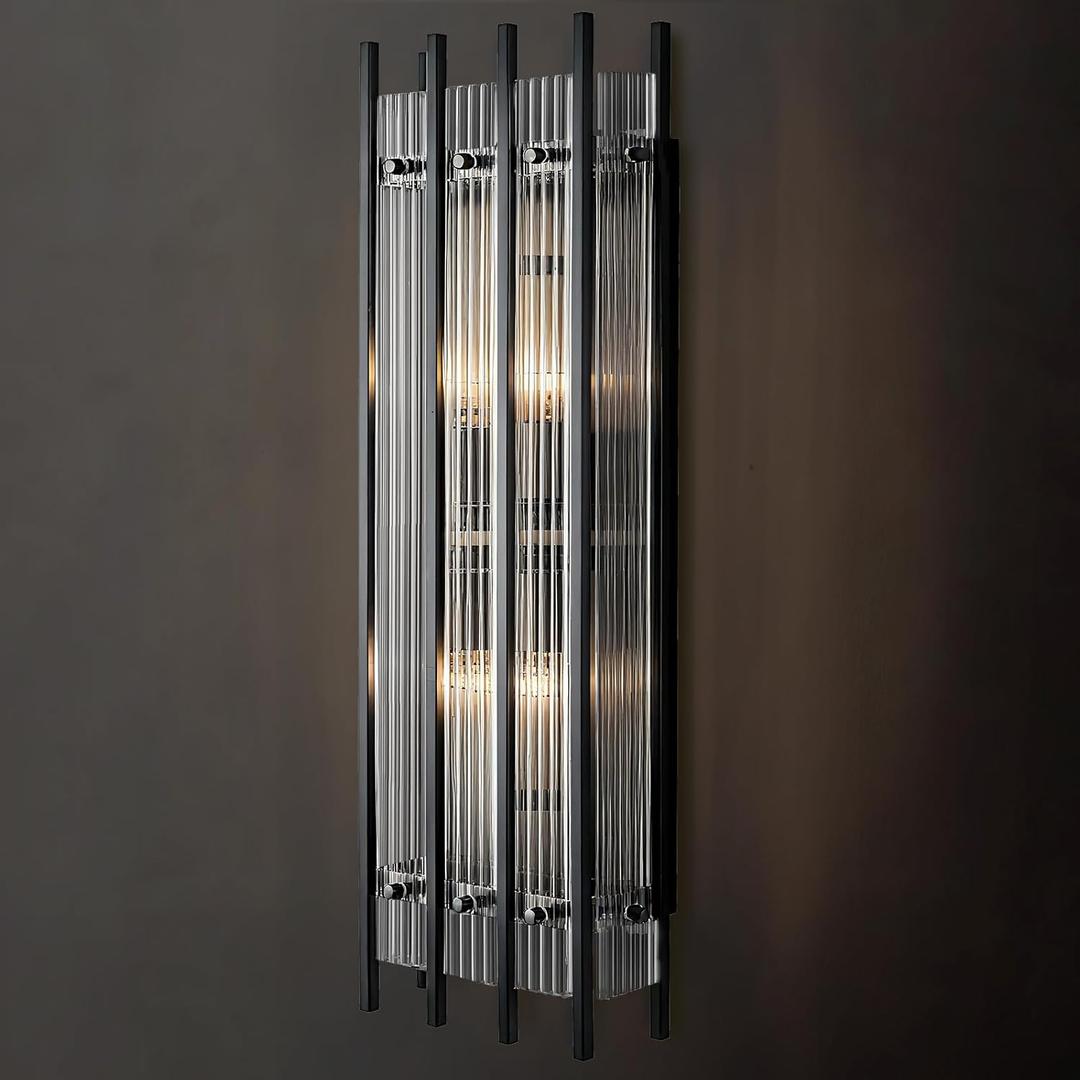 Modern Black Wall Sconce,25in Grand Rectangular Ribbed Glass Wall Sconces,Indoor Hardwired Wall Sconces for Large Spaces,for Living Room,Hallway,Stairway Sconces Wall Lighting,Included E12 Bulbs
