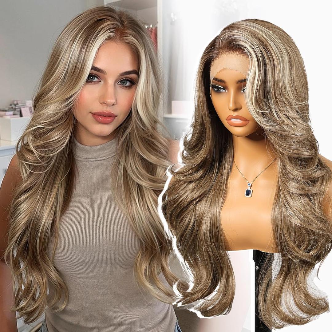 Ash Brown Highlight Synthetic Lace Front Wig,13x4 HD Lace Layered Wave Glueless Wigs for Women Daily Use 26IN