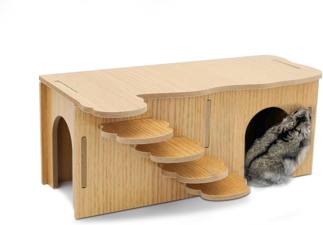Wooden Hamster Hideout, Luxury Small Animal Hamster House with 2 Rooms and Funny Climbing Ladder Hamster Exercise Toys for Dwarf Hamster, Rat, Gerbil, Mouse (Yellow, Arch)