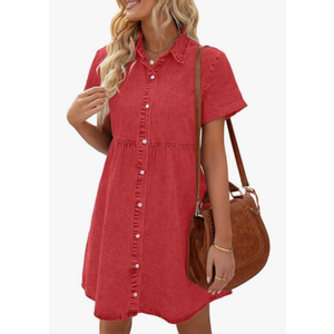 LookbookStore Women's Short Sleeve Button Down Flowy Tiered Babydoll Denim Dress Large