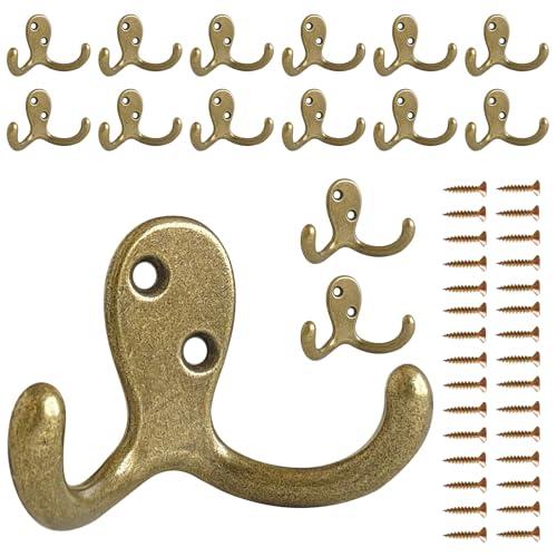 CBWLWJ 15 Pack Coat Hooks Wall Hooks for Hanging, Heavy Duty Double Prong Metal Hook Wall Mounted for Living Room, Bathroom, Kitchen, Bedroom for Coat, Bag, Scarf, Towel, Hat, Key, Cup (Bronze)