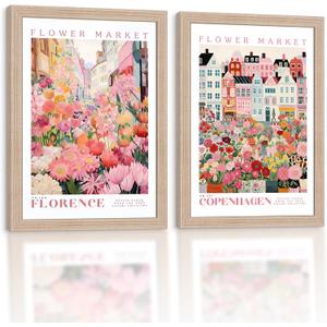 Framed Flower Market Canvas Wall Art 2Pcs Vintage Floral Decor 24x16 Inch