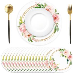 50 Pack Paper Placemats Disposable Pink Floral Wedding Disposable Placemats 13.7 Inch Rose Floral Round Place Mats Spring Summer Table Mats for Birthday Wedding Anniversary Bride Party Supplies