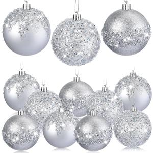 Syhood 12 Pieces Glitter Christmas Ball Ornaments Rhinestone Sequin Christmas Decorations Hanging Plastic Balls for Xmas Trees Wedding Party Holiday Decorations(3.15 Inch,Silver)