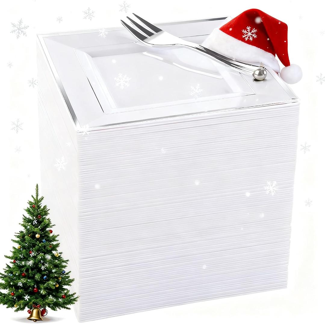 WDF Silver Plastic Dessert Plates with Plastic Forks - 6 100 Square Disposable Appetizer Plates Small Plates Cake Plates with Silver Rim &100 Small Appetizer Forks for Christmas Party/Wedding (White and Silver)