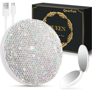 QearFun Luxurious Rhinestone LED Lighted Compact Mirror,Bling Portable Travel Makeup Mirrors,3.5 inch Rechargeable Mini Magnifying Pockets Mirror,Sparkly Beauty for Women,Wedding Favors for Guests (Silver)