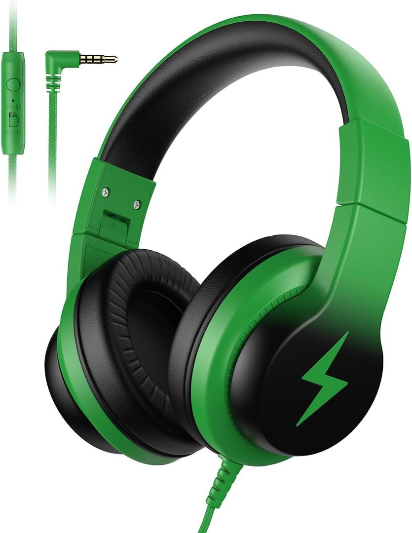 Kids Headphones, Wired Headphones for Kids Over Ear with Microphone, 85/94dB Volume Limiter Headphone for Girls Boys, Foldable Headphone for Learning & Entertainment, Black and Green