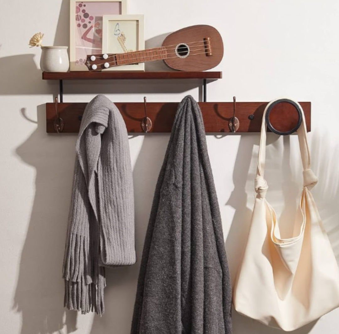 UWAET Coat Rack Wall Mounted with Shelf 27.5 Inch Length Wall Hanging Shelf Bamboo Coat Hooks with 6 Hooks for Entrance, Living Room,Bedroom, Bathroom (6 Hooks)