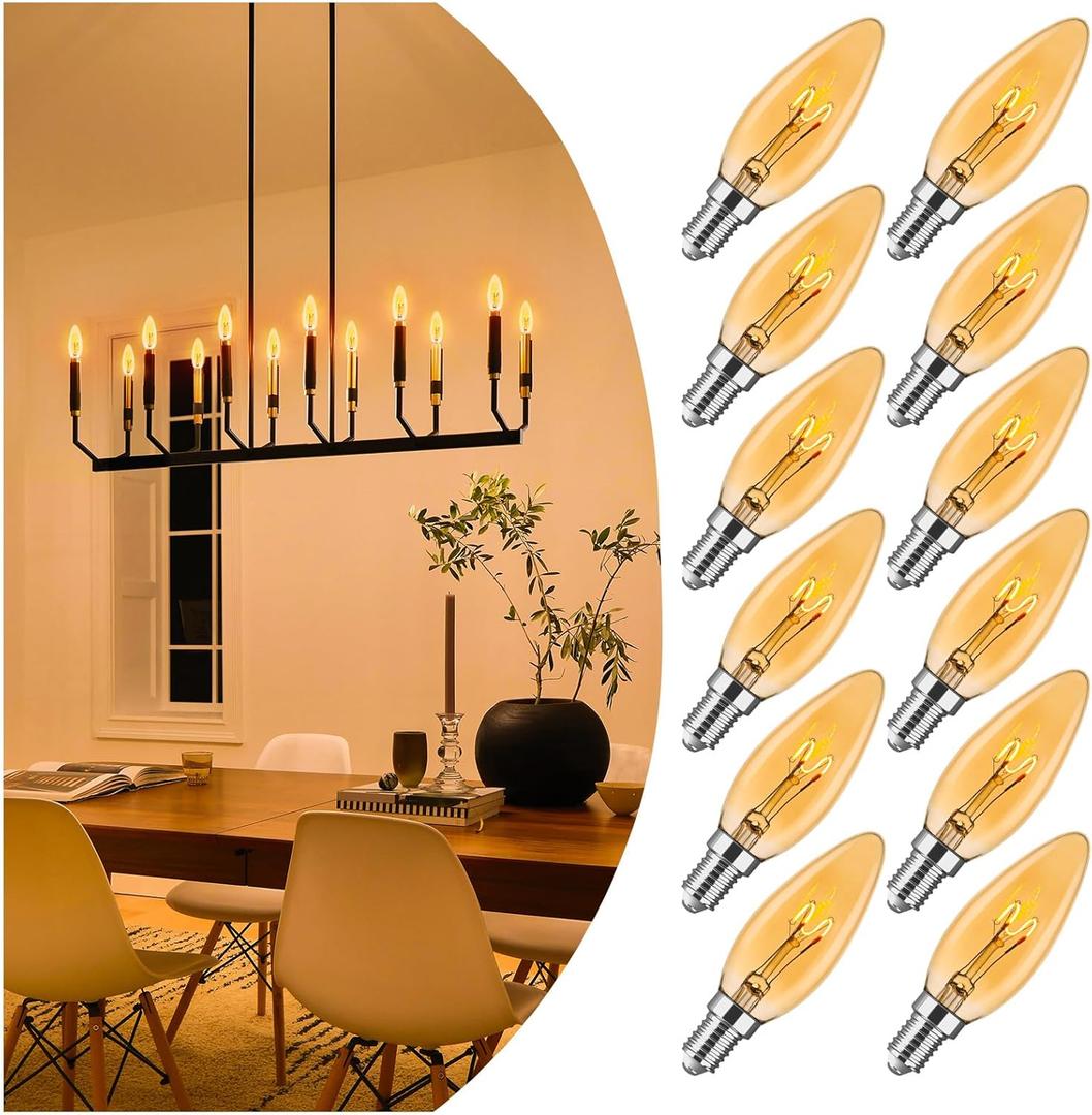 E12 Candelabra Light Bulbs 20W 25W Replacement, Super Thin Filament E12 LED Light Bulbs Dimmable, Chandelier Candle Light Bulb 2000K Soft Warm, Amber Candelabra Type B Light Bulb 12 Pack