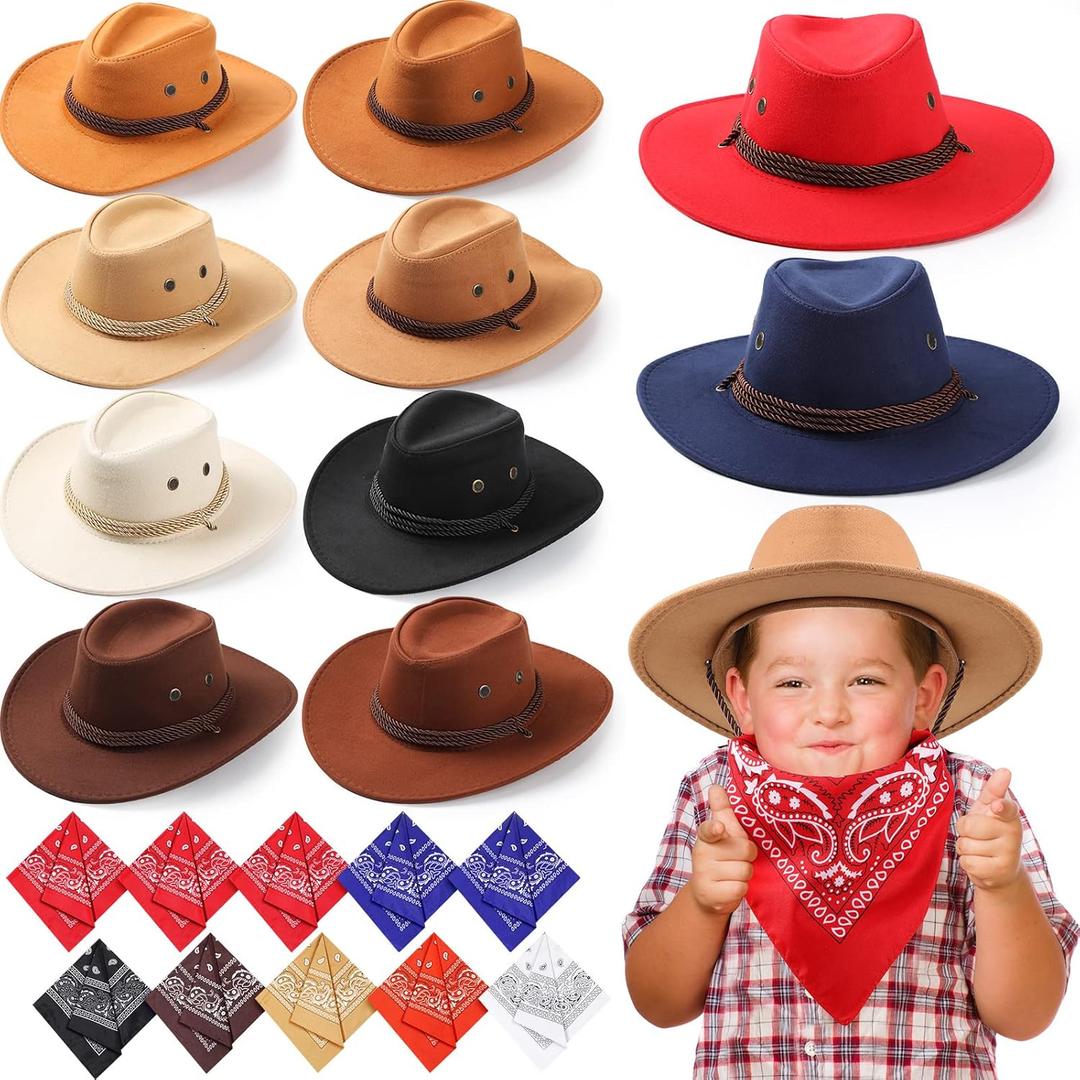 Unittype 20 Pcs Western Cowboy Hats Set Kids Cowboy Themed Party Felt Bandanna Hat with Paisley Bulk for Birthday Costume (Multi Colors)
