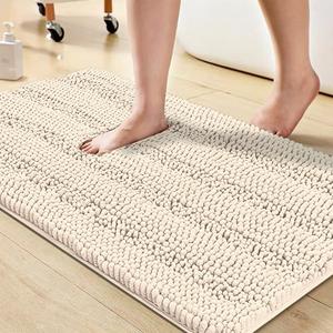 Turquoize Chenille Bath Mat, Soft Absorbent Shag Rug, Non Slip Bathroom Rugs, 20 x 32, Ivory