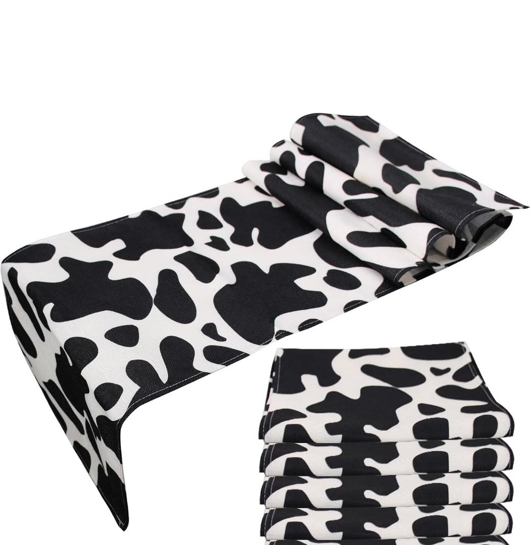 4 Pcs Linen Cow Print Table Runner Black and White Farm Cow Print Tablecloth Western Barnyard Cowboy Themed Table Cloths for Birthday Party Decorations Home Kitchen Supplies ( 13 x 72 in)