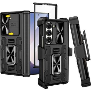 VEGO for Galaxy Z Fold 6 Case with Belt Clip Holster, 360Ring Magnetic Kickstand & Camera Cover & Front Screen Protector & Hinge Protection Shockproof Armor Case for Samsung Z Fold 6 - Black