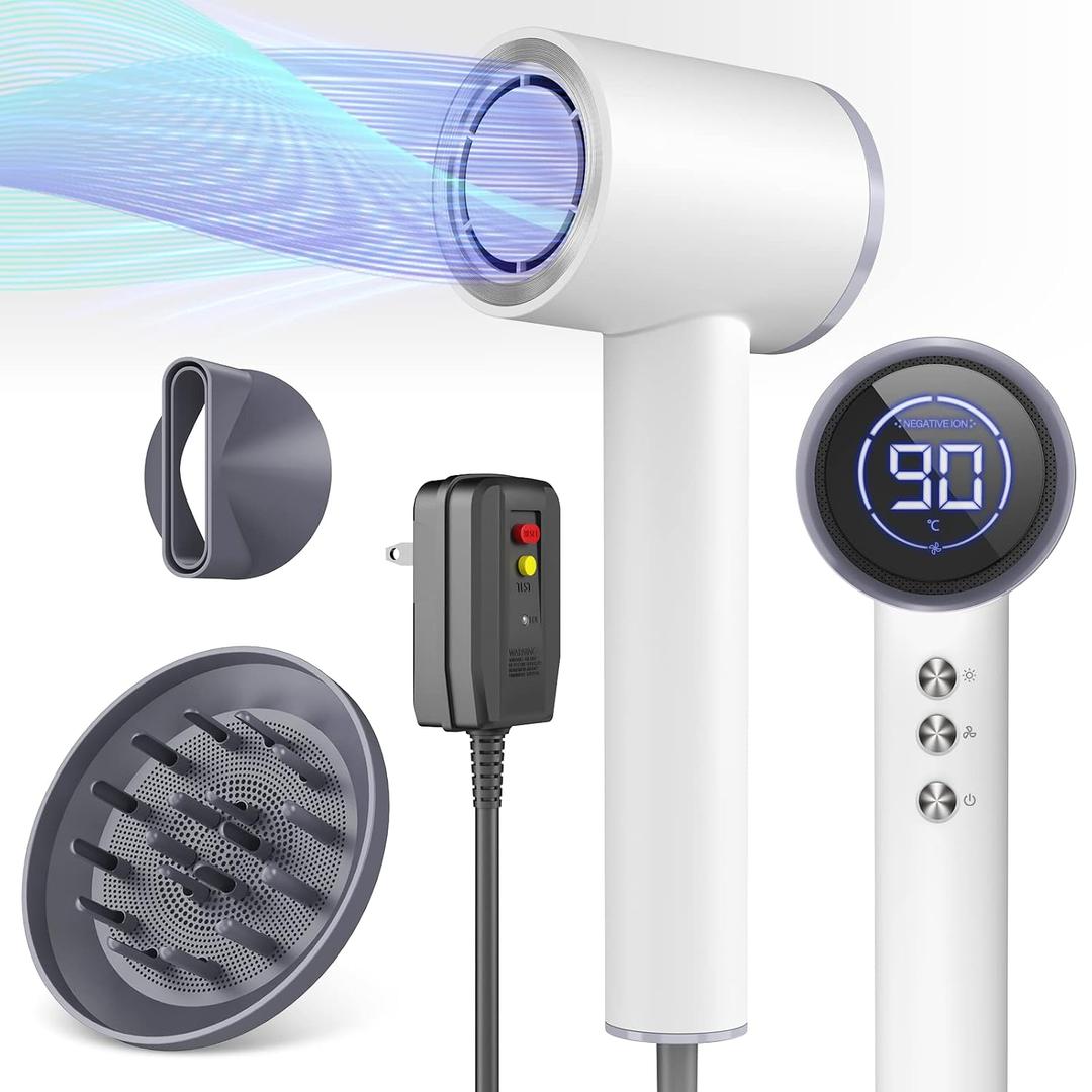 High-speed Ionic Hair Dryer with Diffuser, 1600W, LED Display, Portable for Travel & Home Salon - White