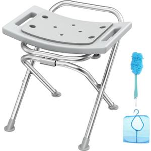 Folding Shower Chair Seat, 17.5" Stainless Steel Small Shower Chair for Inside Shower with Pad, 400lbs Portable Travel Shower Stool, Safety Anti-Slip Bath Chair for Seniors, Disabled, Gray