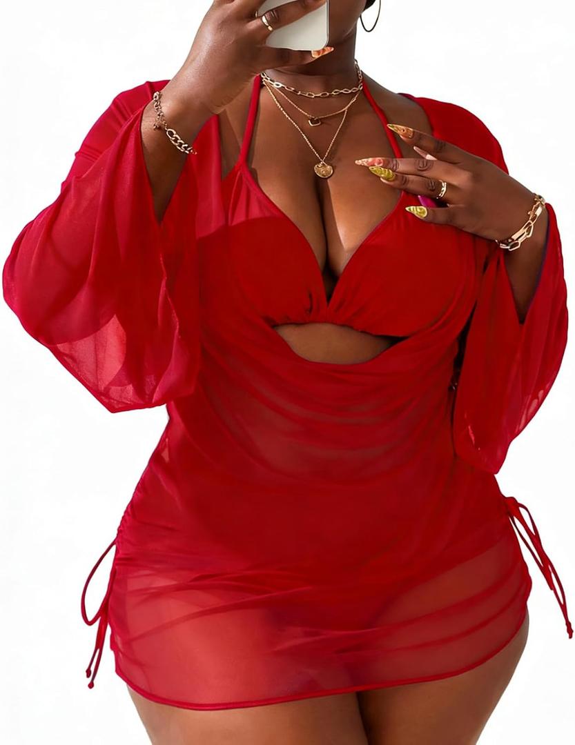 YELAIVP Women's Plus Size Halter String Triangle Bikini Sets 3 Piece Swimsuits with Side Ruched Drawstring Cover Up, Large