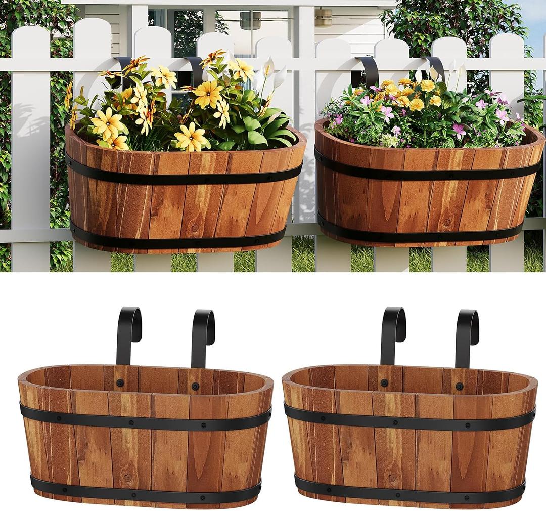 2PACK Wooden Cute Hanging Flower Pots for Railing Fence Outdoor Planter Railing Planter Boxes for Plants Wall Planters Window Flower Box Hanging Bucket Pots Countryside plant Holder (Brown,2pcs,Large)