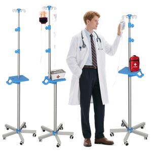 Rolling IV Pole with Tray - 2 Pack Stainless Steel 4 Hooks IV Stand with Wheels Height Adjustable for Clinic Home Care
