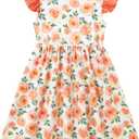 Orange Flower Dress for Toddlers Girl 3 4 Year Old Kids Ruffle Short Sleeve Dresses 3t 4t Little Girls Cute 3D Printed Floral Back Bow Frock Size 3-4