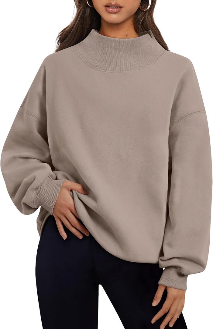 Trendy Queen Womens Oversized Sweatshirts Mock Neck Pullover Long Sleeve Hoodies Tops Fall Fashion Outfits 2026 Clothes CoffeeGrey, XL
