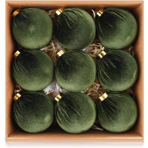 Velvet Ornaments for Christmas Tree Decorations - Moss Green Xmas Ball Ornament for Indoor Holiday Decor - Shatterproof Christmas Bulbs Ornaments 80mm 3.15inch - Pack of 9