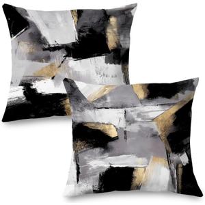 Black and White Pillow Covers, Abstract White Black and Gold Pillow Covers 16x16 Set of 2, Modern Black and White Pillow Covers for Couch Bed Living Room