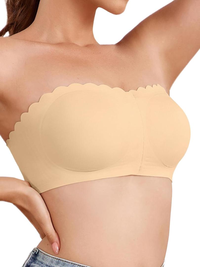 Strapless Bras for Women, Front Closure Anti-Slip Comfortable Bandeau Top, Wavy Edge Padded Bra (Large, Skin)