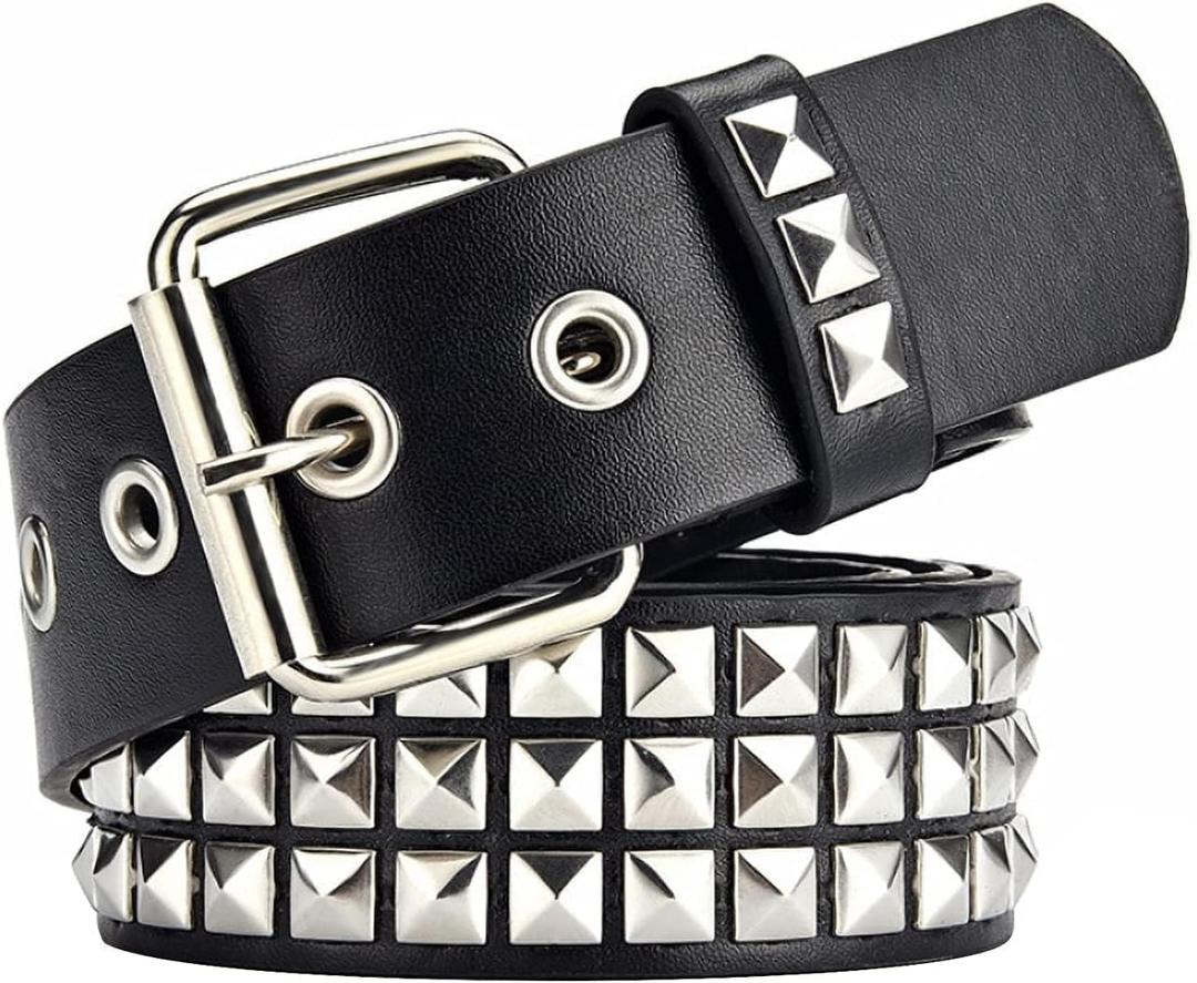 Black Studded Belt Punk Rock Rivet Belt Grommet Threads belts with Bright Metal Pyramid for Women Men (35-40 Inch)