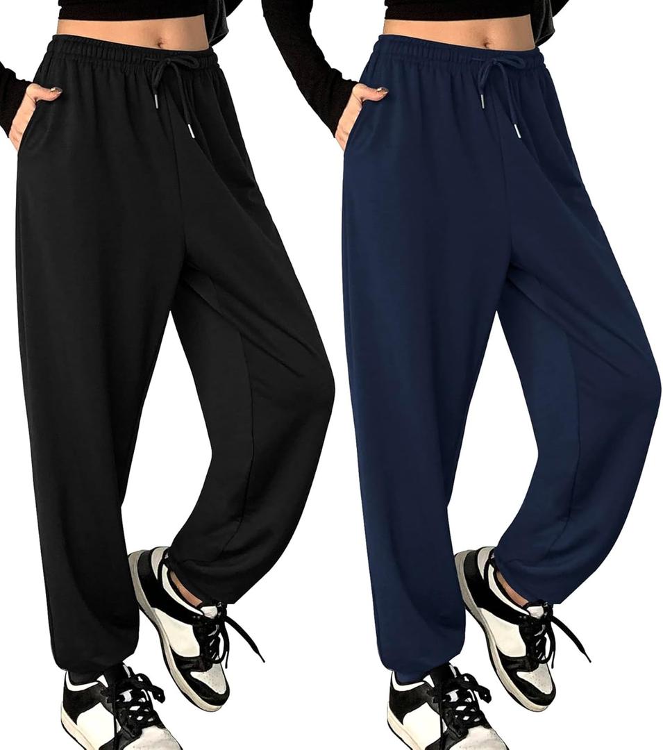 ASIMOON Womens Pants Lightweight Loose Casual Joggers Comfy Stretch Yoga Running Workout Lounge Pants with Pockets (XX-Large, Style B-black+navy Blue)