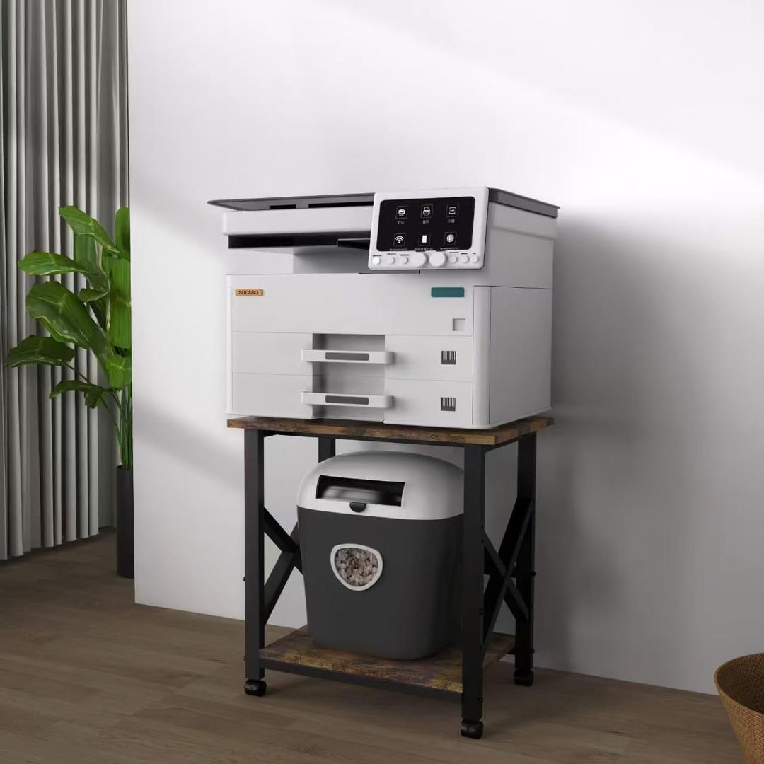 Large 23.6 x 23.6 Inches Printer Stand with 3 Tiers, Height Adjustable Storage Shelf, Rolling Printer Cart with Industrial Wheels - Rustic Brown Home Office Printer Table