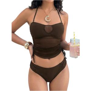 SHENHE Women's Halter Tankini Swimsuit Ruched Drawstring Mesh Bandeau Bathing Suits (Brown, L)