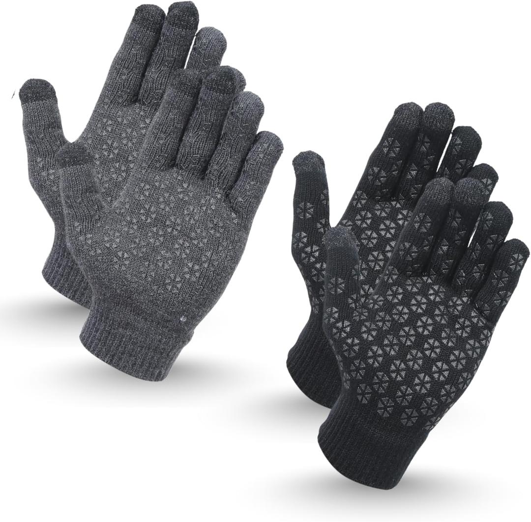 Heat Logic Unisex Thermal Knitted Winter Gloves, Touchscreen Compatible Cold Weather Warm Gloves for Men & Women, Pack of 2 (Grey + Black - With Grip)