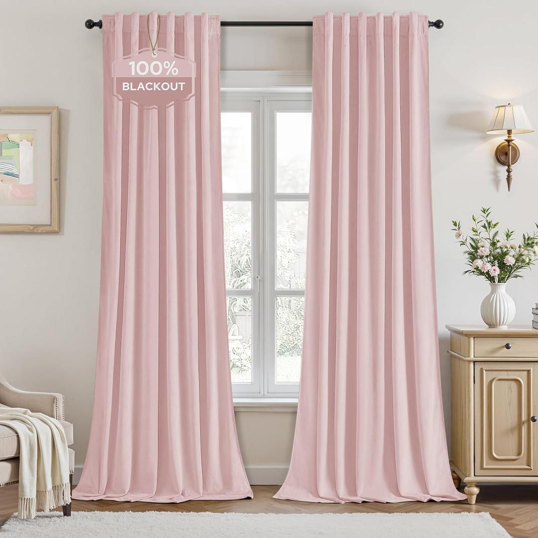 HOMEIDEAS 100% Blackout Pink Velvet Curtains, Thermal Noise Reduction Luxury Velvet Curtains for Bedroom Preppy Room Decor, Living Room, 52 X 84 Inch, 2 Panels
