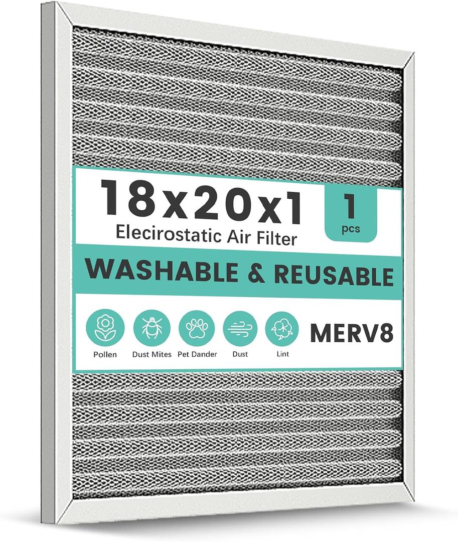 18x20x1 Reusable Air Filter, Washable, Electrostatic HVAC AC Furnace Filter, Merv 8, Lasts a Lifetime, Breathe Safe at Home or in the Office (Actual Size:17.52x19.61x0.82Inch)