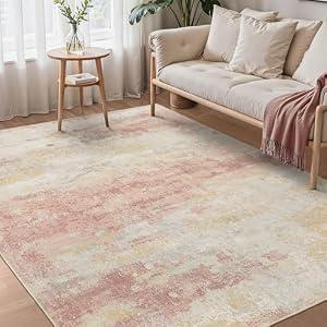 BEIMO Area Rugs 8x10 for Living Room Bedroom, Modern Abstract Machine Washable Rug, Large Soft Low Pile Floor Carpet with Non Slip Backing for Dining Room, Pink/ Cream
