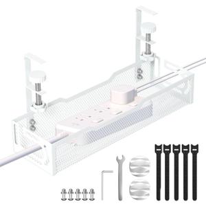 Under Desk Cable Management Tray, No Drill Mesh Desk Cable Tray, Wire Management Tray Cable Management Rack, Wire Organizer and Cable Management Box (White) (1Pack-White (15.3''))