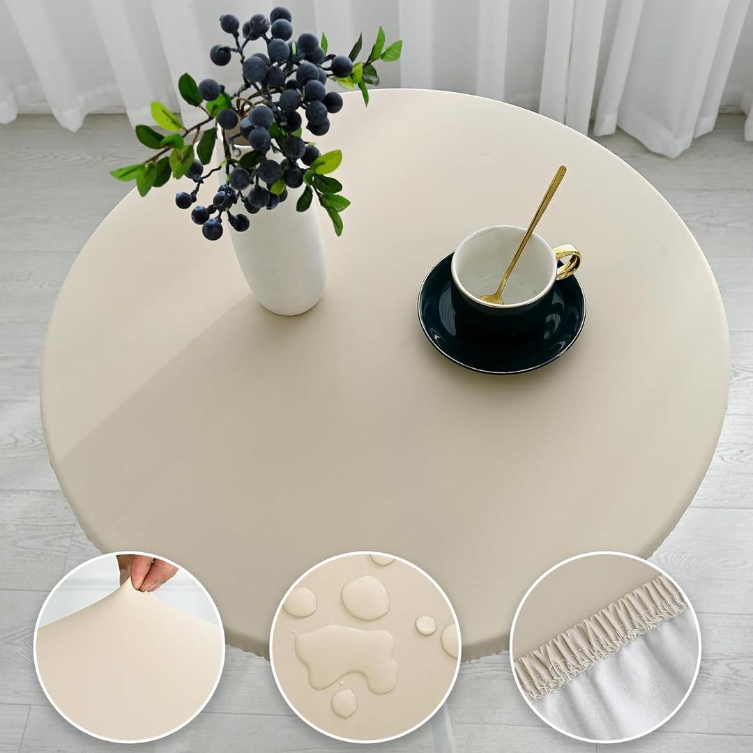 vctops 100% Waterproof Pu Leather Round Table Cloth Cover, Oil Proof Wipeable Elastic Fitted Tablecloth, Windproof Washable Table Protector for Picnic, Camping, Outdoor (Khaki,63")