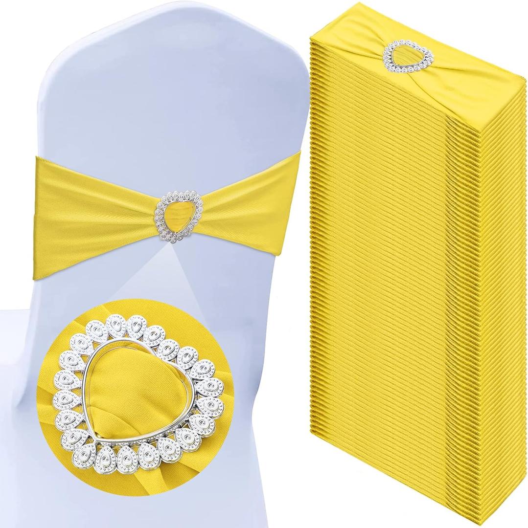 VitalCozy 50 Pcs Spandex Chair Sashes with Heart Shaped Buckle Slider Stretch Chair Cover Band Universal Elastic Chair Ties for Wedding Banquet Event Party Decoration(Yellow)